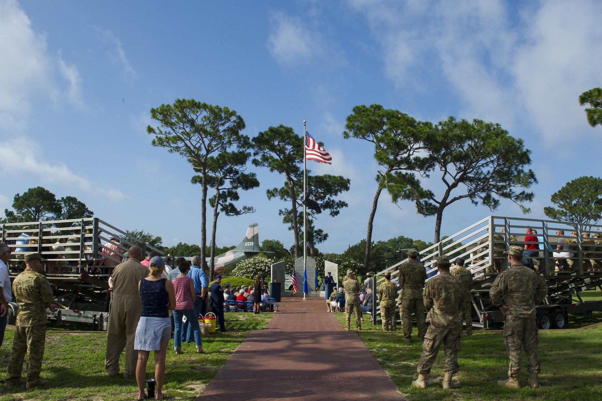 Air Commandos attend the Operation Eagle Claw memorial ceremony at Hurlburt Field, Fla., June 23, 2017. Operation Eagle Claw was an attempted hostage-rescue mission in 1980 that resulted in five, 8th Special Operations Squadron Airmen and three Marines sacrificing their lives when two of the involved aircraft collided at the Desert One staging site. (U.S. Air Force photo by Airman 1st Class Joseph Pick)