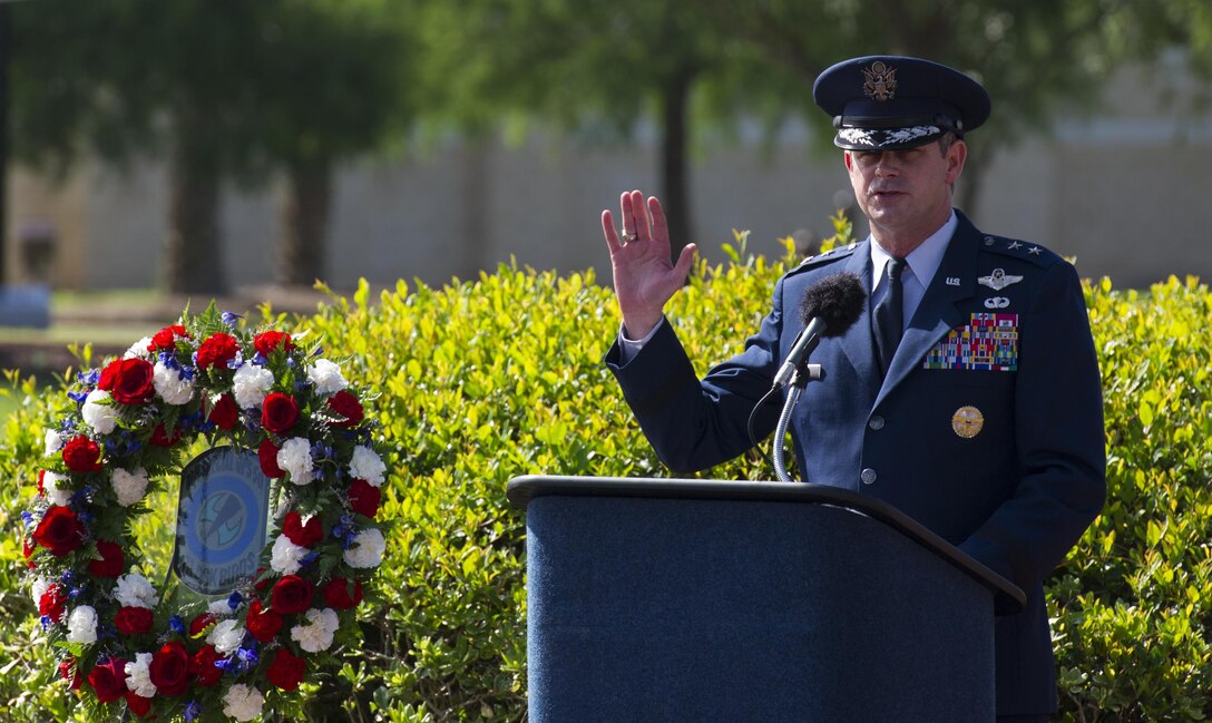 Maj. Gen. Mike Plehn, vice commander of Air Force Special Operations Command, speaks during the Operation Eagle Claw memorial ceremony at Hurlburt Field, Fla., June 23, 2017. Operation Eagle Claw was an attempted rescue mission on April 24, 1980, into Iran to liberate more than 50 American hostages captured after a group of radicals took over the American embassy in Tehran, Nov. 4, 1979. The mission resulted in the deaths of eight U.S. service members at a remote site deep in Iranian territory known as Desert One. (U.S. Air Force photo by Airman 1st Class Joseph Pick)