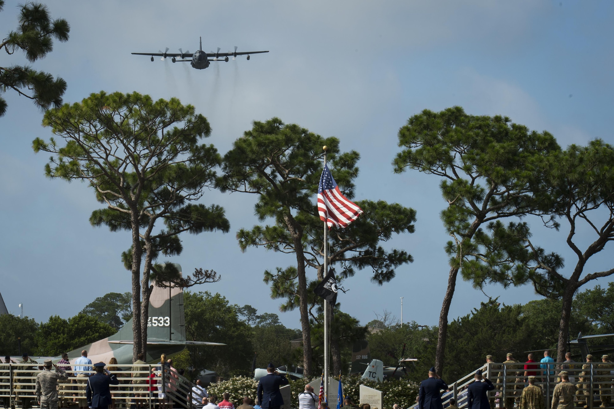 A 15th Special Operations Squadron MC-130H Combat Talon II flies over the Operation Eagle Claw memorial ceremony at Hurlburt Field, Fla., June 23, 2017. Operation Eagle Claw was an attempted hostage-rescue mission in 1980. The mission resulted in five, 8th Special Operations Squadron Airmen and three Marines sacrificing their lives when two of the involved aircraft collided at the Desert One staging site. (U.S. Air Force photo by Airman 1st Class Joseph Pick)