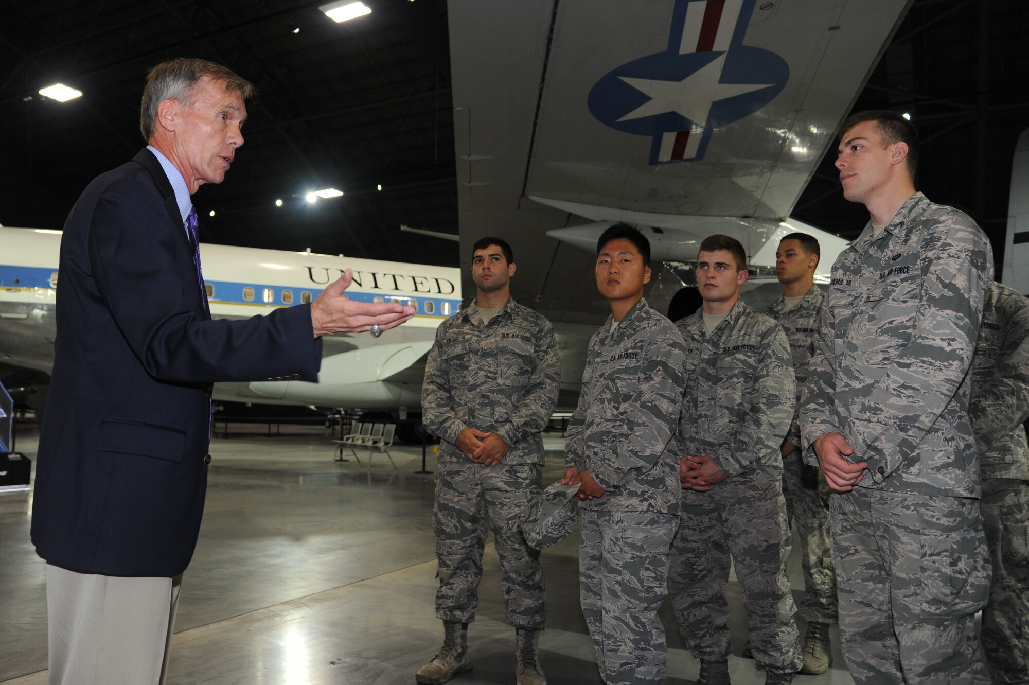United States Air Force Academy cadets view the recently opened fourth hangar at the National Museum of the United States Air Force guided by museum director Lt. Gen. John L. Hudson (retired) June 14, 2017.  Cadets visited Wright-Patterson Air Force Base as part of the Ops AF program, giving them real world experience with air force culture and careers to aid their professional development. (U.S. Air Force photo / Tech. Sgt. Scott Johnson)