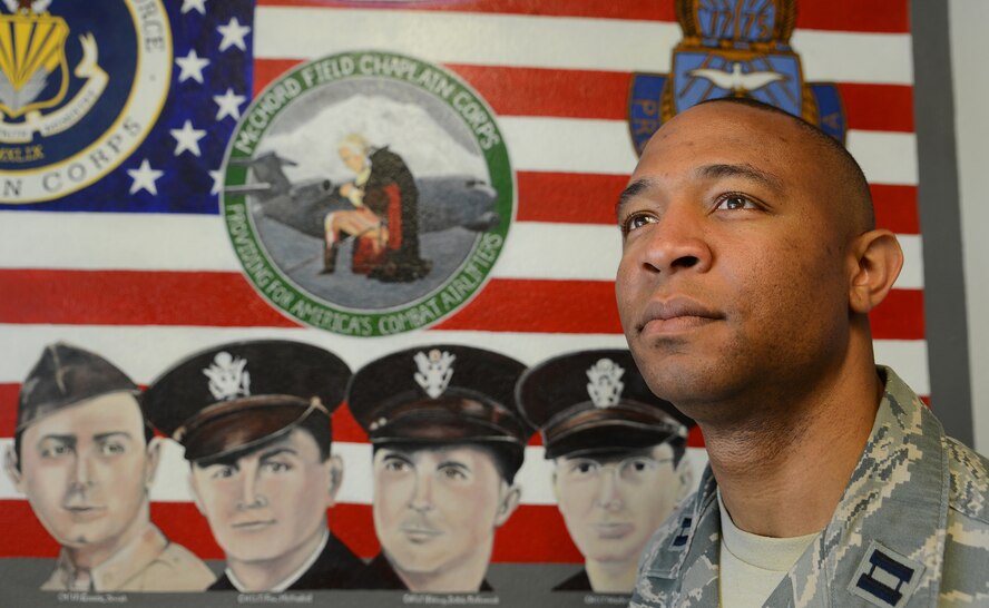 Capt. Thomas Simmons, McChord Field chaplain, poses for a photo June 22, 2017, at Joint Base Lewis-McChord, Wash. Working directly with Airmen, chaplains provide motivational and inspirational advice and support to Airmen at their work centers. (U.S. Air Force photo/Senior Airman Jacob Jimenez) 