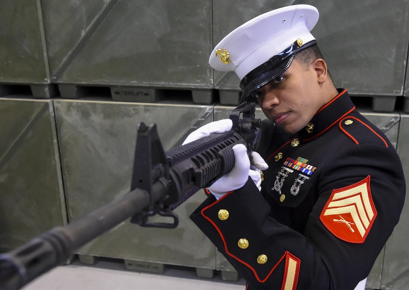 U.S. Marine Corps Sgt. Jose Rosario, Combat Logistics Battalion 451 Detachment 3 small arms technician, practice holding a rifle during an Honor Guard practice session at Joint Base Charleston Naval Weapons Station, S.C., June 21, 2017. In addition to preparing medical logistics, the unit trains to perform military honors at funerals for any members who have honorably served in the U.S. Marine Corps within a 200-mile radius of the base. 