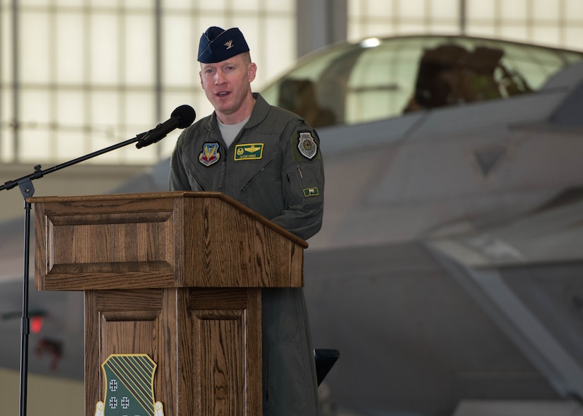 U.S. Air Force Col. Jason Hinds, 1st Fighter Wing commander, addresses the wing after assuming command at Joint Base Langley-Eustis, June 23, 2017. Hinds assumed command of the 1st FW from U.S. Air Force Col. Peter Fesler during the change of command ceremony. (U.S. Air Force photo by Staff Sgt. J.D. Stong )