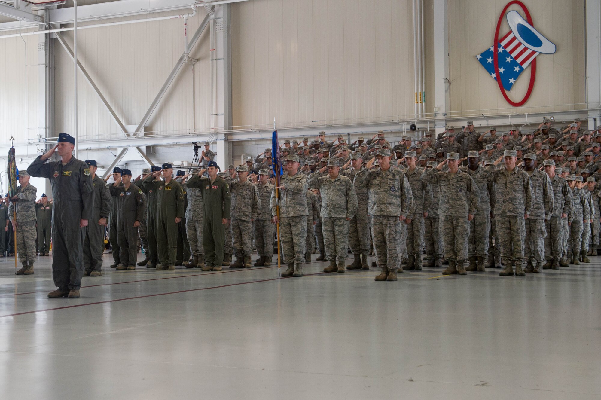 U.S. Air Force Airmen assigned to the 1st Fighter Wing stand in formation, saluting during the 1st FW Change of Command ceremony at Joint Base Langley-Eustis, Va., June 23, 2017. Former commander of the 1st FW, U.S. Air Force Col. Peter Fesler, reliquinshed command and passed it to U.S. Air Force Col. Jason Hinds. (U.S. Air Force photo/Senior Airman Derek Seifert)