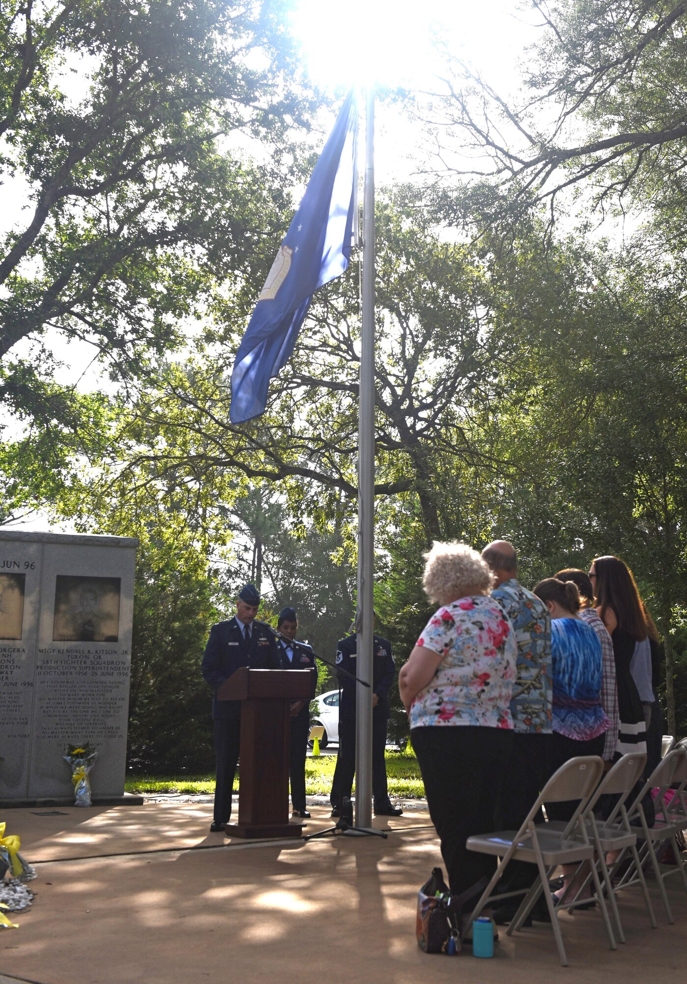 U.S. Air Force Capt. Dustin Creech, 33rd Fighter Wing chaplain, gives the invocation for the Khobar Towers 21st Anniversary Wreath Laying Ceremony June 23, 2017, at Eglin Air Force Base, Florida. On June 25, 1996, a bomb was detonated near the Khobar Towers housing complex in Dhahran, Saudi Arabia. Nineteen Airmen were killed and more than 400 U.S. and international military and civilians were injured in the blast.  Of the 19 killed, 12 were Nomads. Each year the 33 FW holds a ceremony in remembrance of that day. (U.S. Air Force photo by Staff Sgt. Peter Thompson)