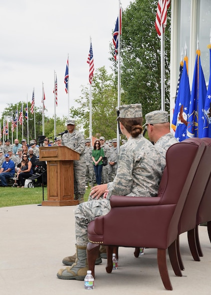 Major General Anthony Cotton, 20th Air Force Commander, speaks at the 90th Missile Wing change of command ceremony on the Argonne Parade Field at F.E. Warren Air Force Base, Wyo., June 23, 2017. Cotton spoke of Col. Stephen Kravitsky’s achievements during his tenure at the 90th Missile Wing, as well as why Col. Stacy Huser is the right fit to succeed Kravitsky and assume command of the Wing. (U.S. Air Force photo by Glenn S. Robertson)