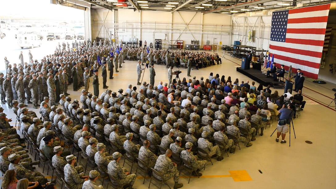 Col Lee E. Kloos assumed command of the 388th Fighter Wing during a ceremony Friday in Hangar 45W. (Air Force photo by Ronald Bradshaw)