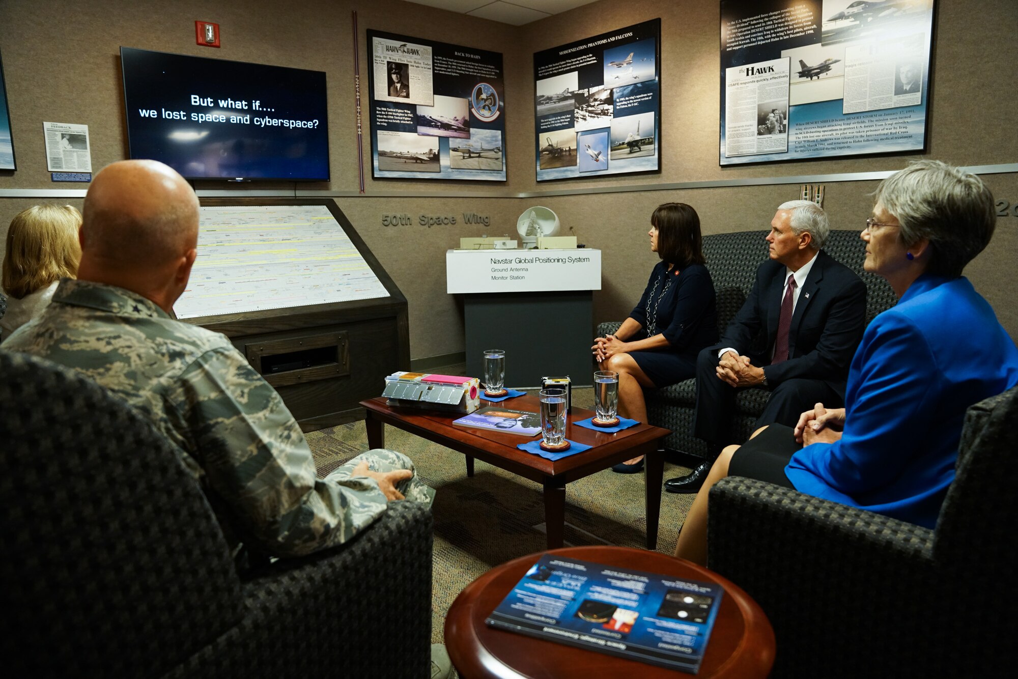 Vice President Mike Pence watches a video on the combat effects space operators bring to the fight and the risks of not protecting military satellites, during his visit at Schriever Air Force Base, Colo., Friday, June 22, 2017. Pence also toured the 2nd Space Operations Squadron and sent a command to a Global Positioning System satellite during his visit. The Vice President was on base for a space orientation in support of the administration's relaunch of the National Space Council. (U.S. Air Force photo/Christopher DeWitt)