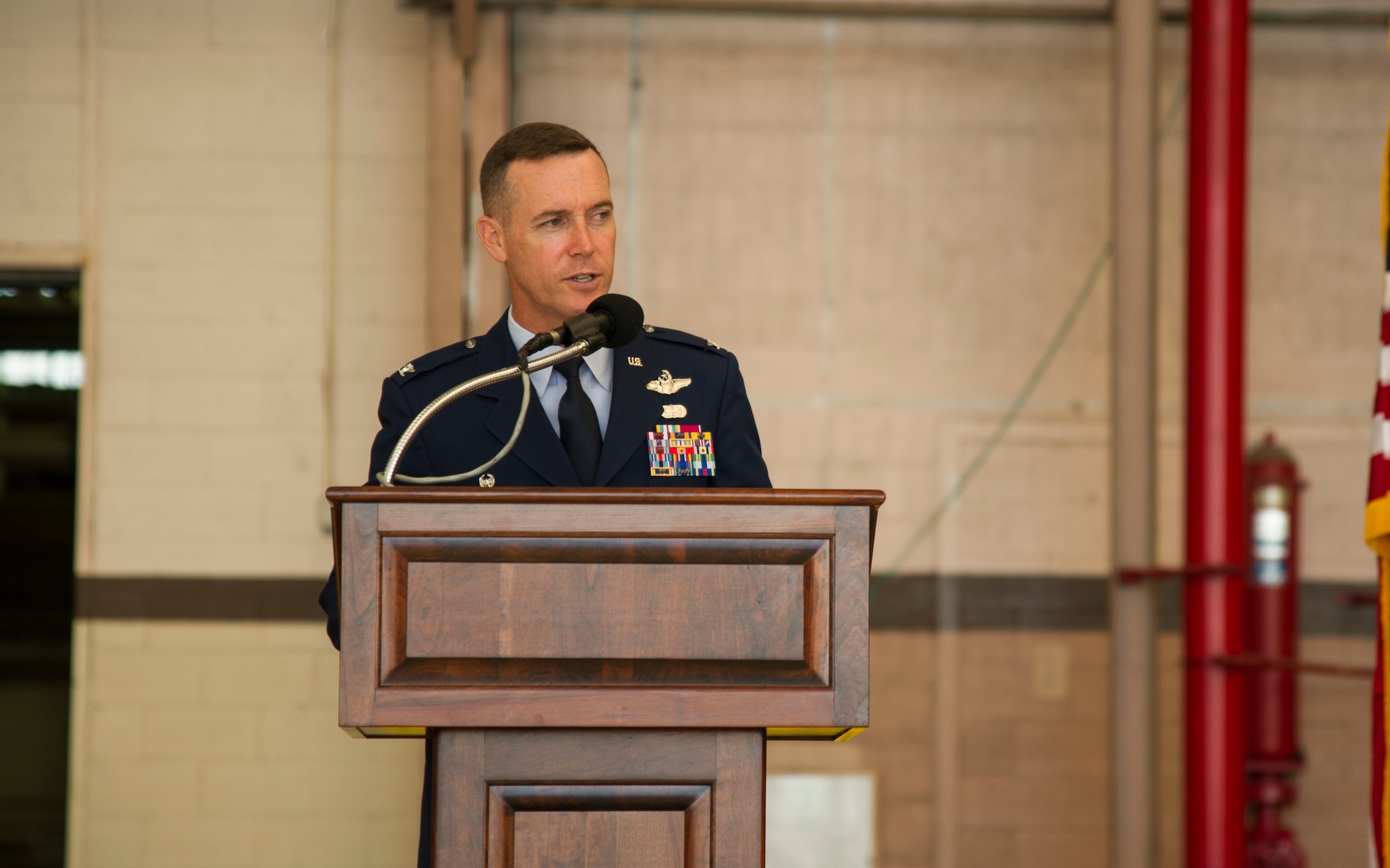 Col. Kevin Gordon, 15th Wing commander, gives the opening remarks during the 15th Operations Group Change of Command Ceremony, Joint Base Pearl Harbor-Hickam, Hawaii, June 22, 2017. The 15th Operations Group oversees operations at the largest joint-use airflield in the U.S., executes global combat and peace time operations, and provides executive airlift for senior military leaders.  (U.S. photo by Tech. Sgt. Heather Redman)