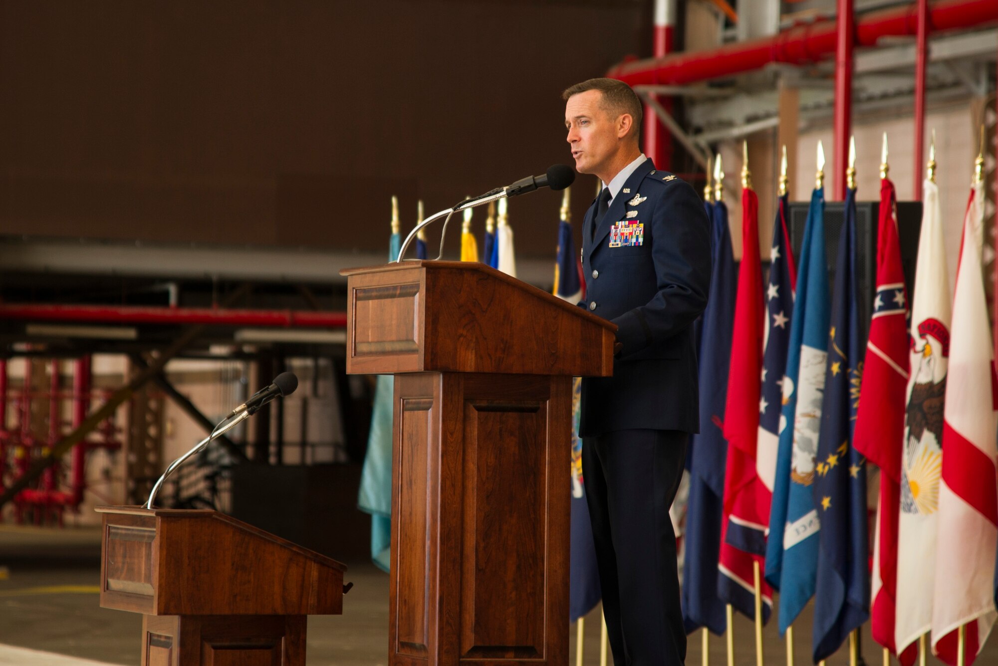 Col. Kevin Gordon, 15th Wing commander, gives the opening remarks during the 15th Operations Group Change of Command Ceremony, Joint Base Pearl Harbor-Hickam, Hawaii, June 22, 2017. The 15th Operations Group oversees operations at the largest joint-use airflield in the U.S., executes global combat and peace time operations, and provides executive airlift for senior military leaders.  (U.S. photo by Tech. Sgt. Heather Redman)