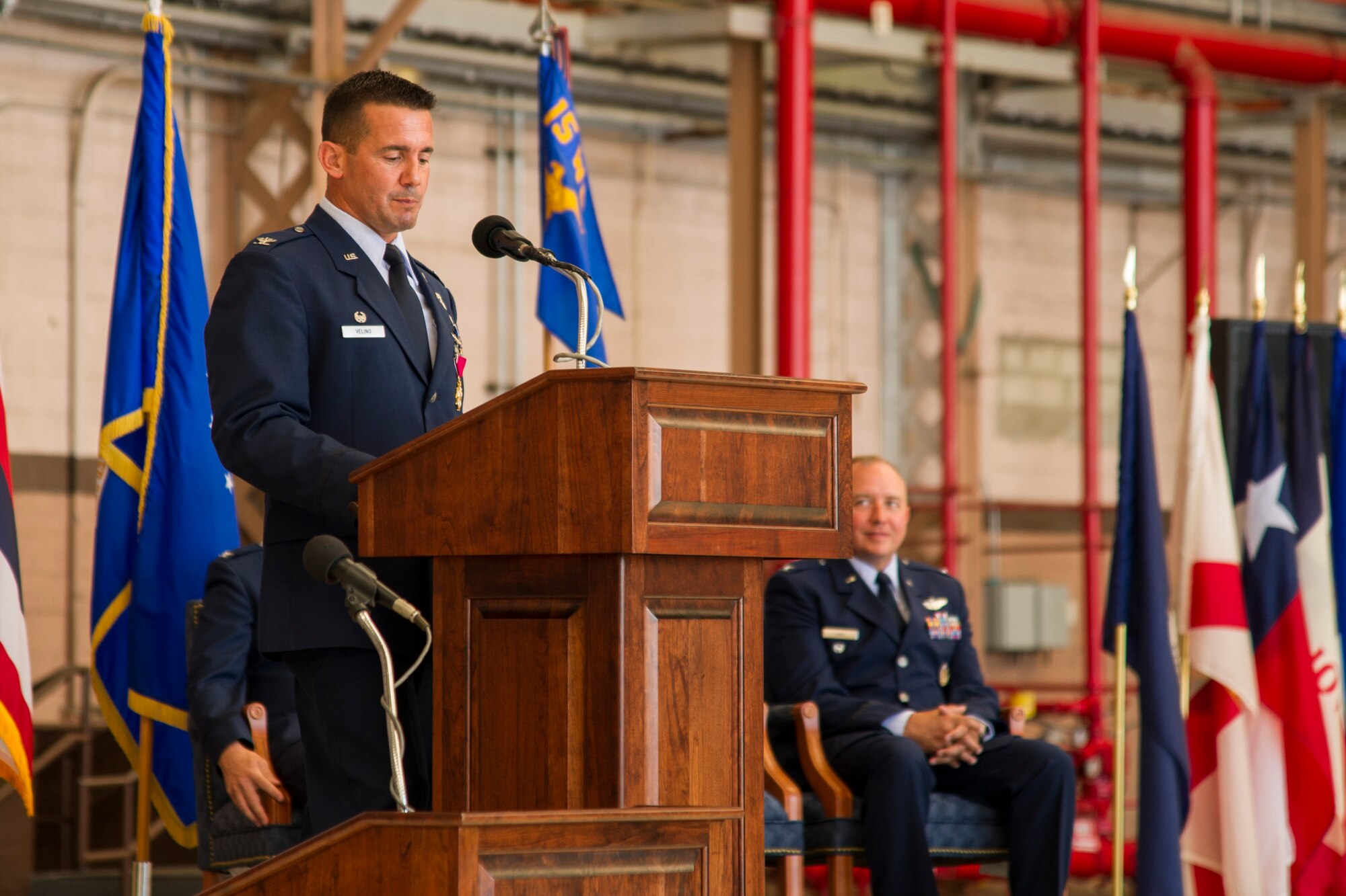 Col. Charles Velino, 15th Operations Group outgoing commander, thanks the men and women in his command for their hard work and dedication during the 15th Operations Group Change of Command Ceremony, Joint Base Pearl Harbor-Hickam, Hawaii, June 22, 2017. The 15th Operations Group oversees operations at the largest joint-use airflield in the U.S., executes global combat and peace time operations, and provides executive airlift for senior military leaders.  (U.S. photo by Tech. Sgt. Heather Redman)