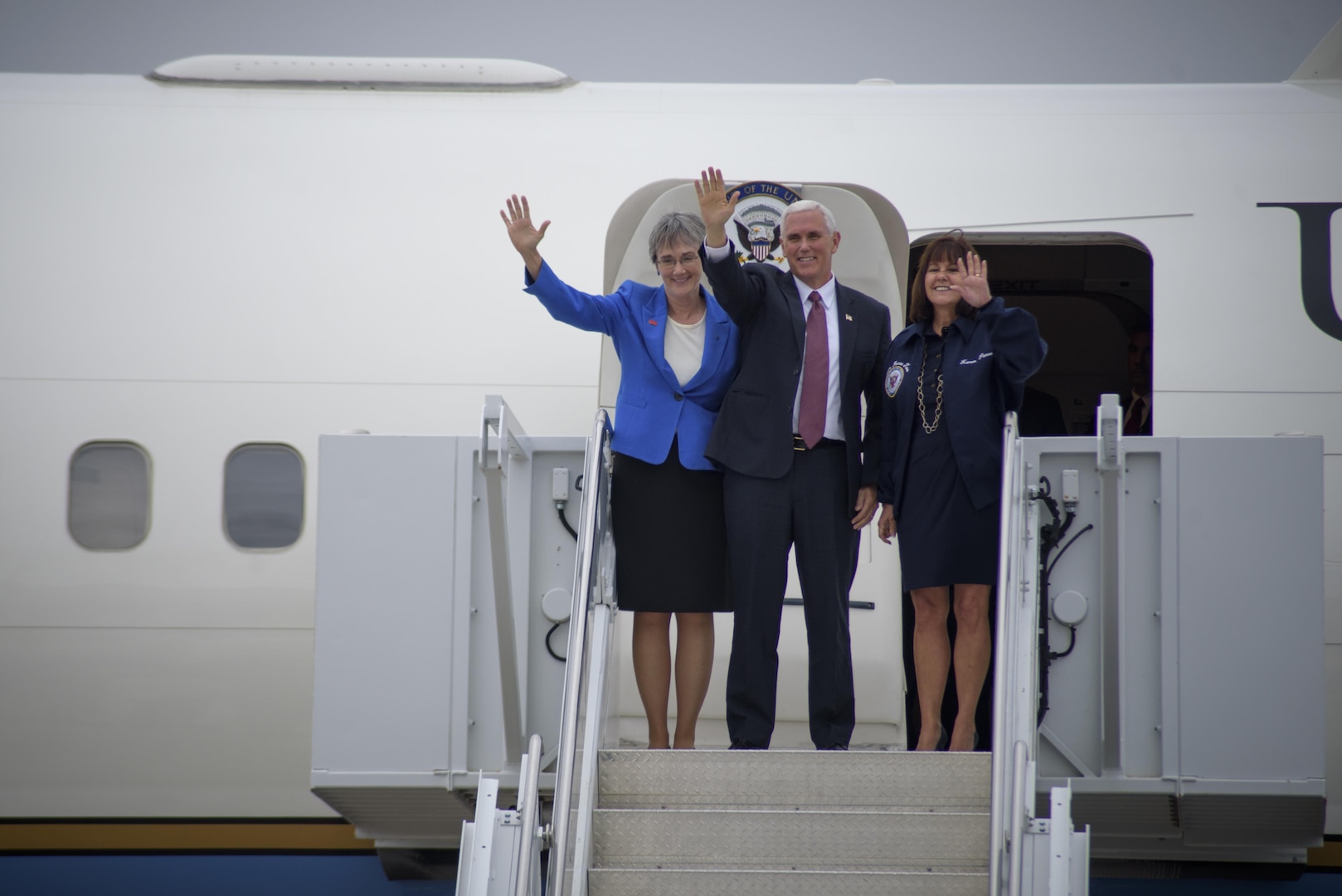 PETERSON AIR FORCE BASE, Colo. - Vice President Mike Pence alongside his
wife, Karen, and Secretary of the Air Force Heather Wilson land at Peterson
Air Force Base, Colo., June 23, 2017. Pence and Wilson visited Peterson AFB,
Schriever AFB and Cheyenne Mountain Air Force Station for a closer look at
how space plays an integral role in military operations. (U.S. Air Force
photo by Senior Airman Dennis Hoffman)