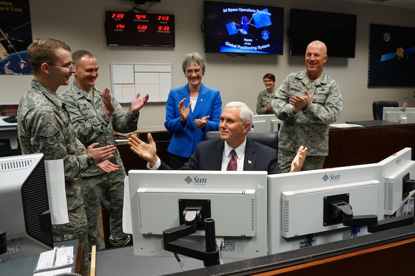 Vice President Mike Pence, sends a payload command to a Global Positioning System satellite at Schriever Air Force Base, Colo., Friday, June 22, 2017.  The command is part of the care and feeding 50th Space Wing space professionals provide on a daily basis to ensure Global Positioning System satellites remain the world's premiere space-based position, navigation and timing system. The Vice President was on base for a space orientation in support of the administration's relaunch of the National Space Council. (U.S. Air Force photo/Christopher DeWitt)