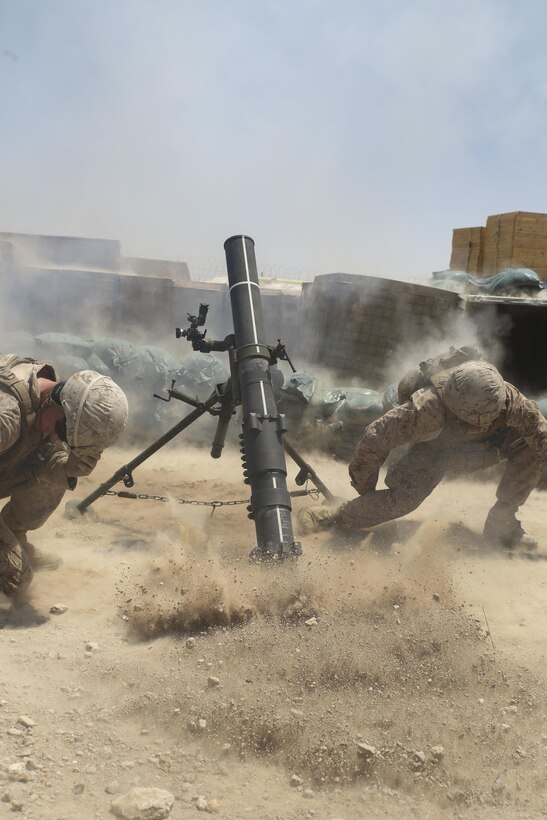 Marines with Task Force Southwest fire a 120mm mortar system during a mortar registration mission at Camp Shorab Afghanistan, June 23, 2017. Approximately 10 Marines with the unit’s security force aided in registering 120mm mortar targets incorporated in the base defense plan, while also sustaining their mortar gunnery skills. (U.S. Marine Corps photo by Sgt. Lucas Hopkins)