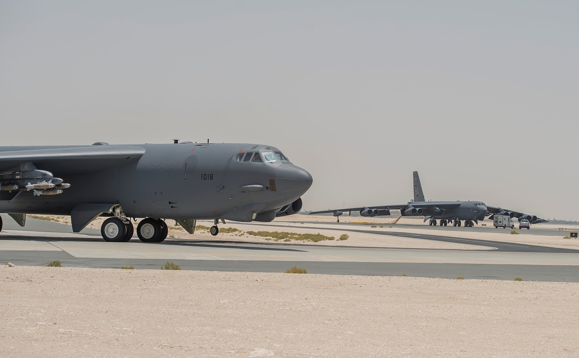 A B-52 Stratofortress, assigned to the 23rd Expeditionary Bomb Squadron, taxis to the runway before a flight at an undisclosed location in Southwest Asia, June 16, 2017. The 23rd EBS conducted the 400th consecutive sortie without a maintenance cancellation on the day the unit celebrated its 100th anniversary. (U.S. Air Force photo by Staff Sgt. Trevor T. McBride) 