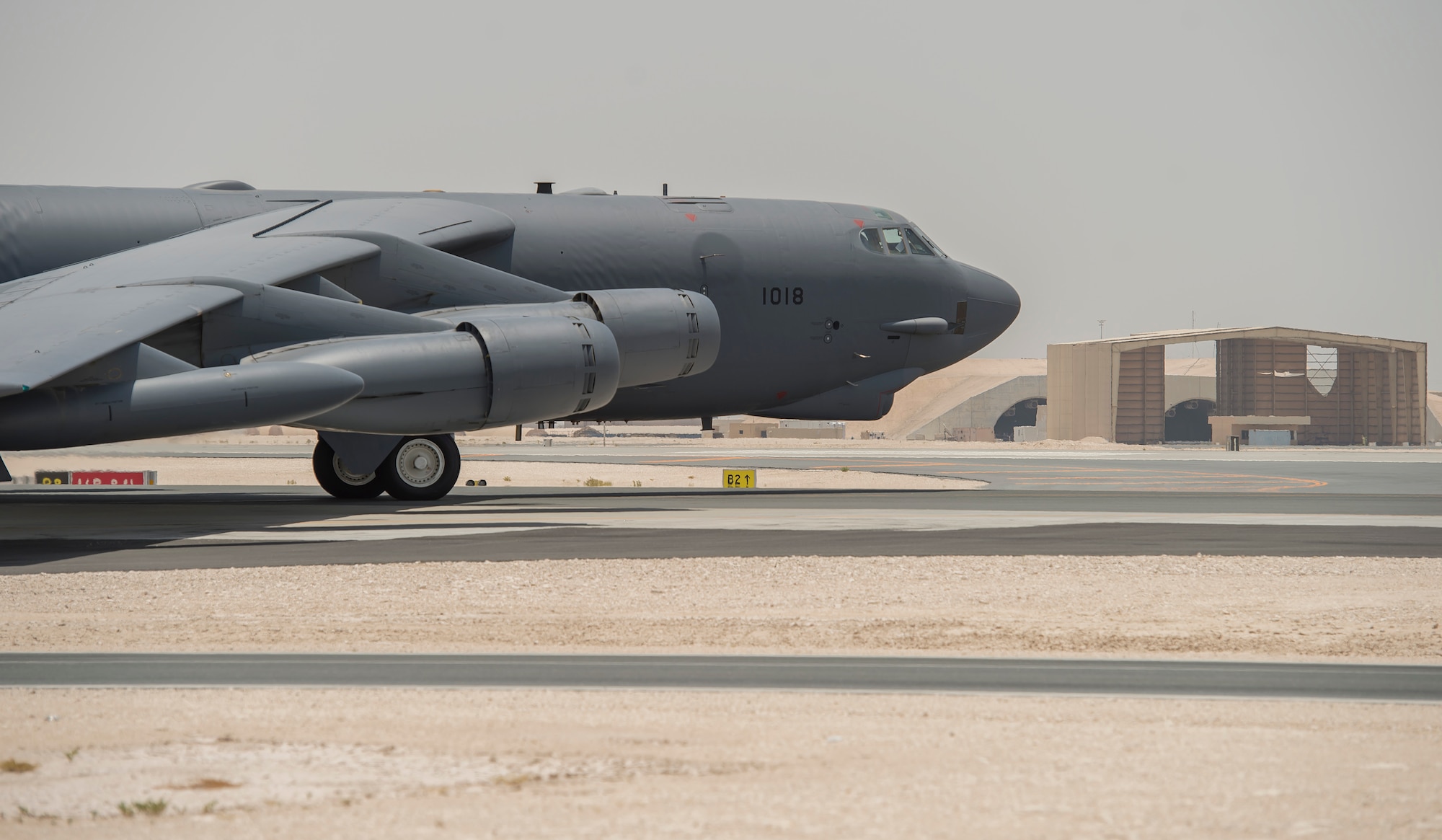 A B-52 Stratofortress, assigned to the 23rd Expeditionary Bomb Squadron, taxis to the runway before a flight at an undisclosed location in Southwest Asia, June 16, 2017. The 23rd EBS conducted the 400th consecutive sortie without a maintenance cancellation on the day the unit celebrated its 100th anniversary. (U.S. Air Force photo by Staff Sgt. Trevor T. McBride) 
