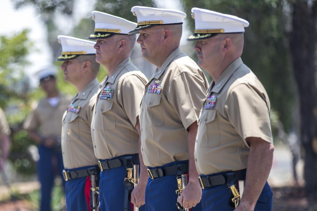 U.S. Marines from 1st Marine Division participate in the 1st Marine Division change of command ceremony at Camp Pendleton, Calif., June 23, 2017. The ceremony marks the change in leadership but is also a milestone measuring the war fighting innovation of the Division as it continues to train, deploy, and protect our nation’s strategic interests abroad. 