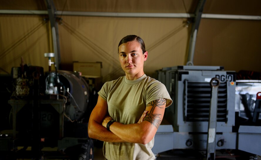 U.S. Air Force Senior Airman Melissa Jones an aerospace ground equipment mechanic assigned to the 407th Air Expeditionary Group stands for a photo at an undisclosed location on June 23, 2017. Responsible for maintaining and repairing the equipment that supplies electricity, hydraulic pressure and air pressure to our planes, Aerospace Ground Equipment specialists play an essential role ensuring our planes are ready for flight. (U.S. Air Force photo by Tech Sgt. Andy M. Kin)