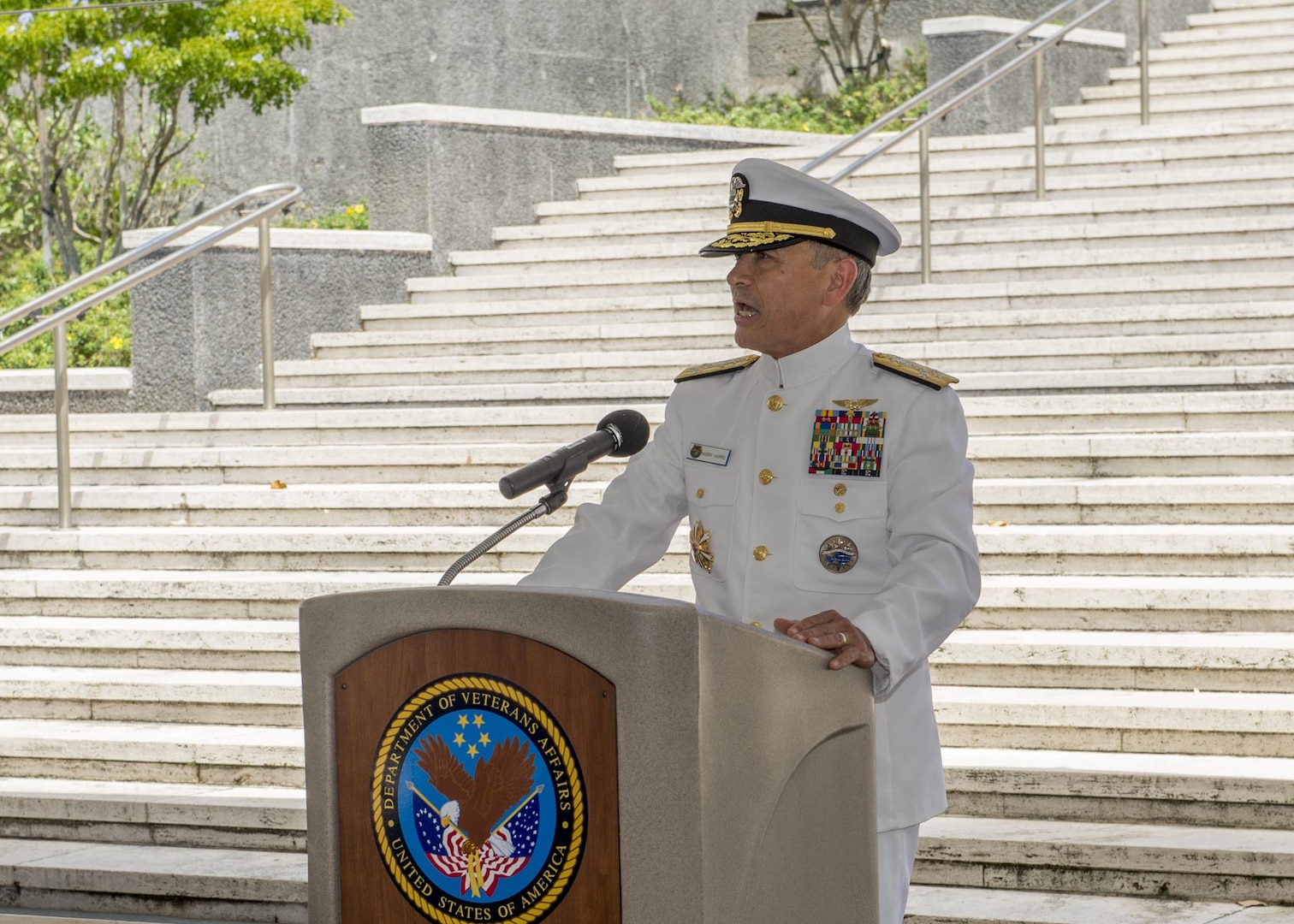 HONOLULU (June 25, 2017)—Adm. Harry Harris, commander of U.S. Pacific Command, gives his remarks during the 67th annual Korean War Memorial Ceremony at the National Memorial Cemetery of the Pacific. Active-duty military, decorated veterans, government officials, community and family members gathered during the ceremony to remember and honor fallen military veterans. (U.S. Navy photo by Mass Communication Specialist 2nd Class Robin W. Peak/Released)