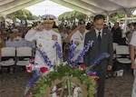 HONOLULU (June 25, 2017)—Adm. Harry Harris, commander of U.S. Pacific Command, and Kang Young-Hoon, Consulate General to the Republic of Korea in Honolulu, place a wreath to honor fallen veterans of the Korean War during the 67th annual Korean War Memorial Ceremony at the National Memorial Cemetery of the Pacific. Active-duty military, decorated veterans, government officials, community and family members gathered during the ceremony to remember and honor fallen military veterans. (U.S. Navy photo by Mass Communication Specialist 2nd Class Robin W. Peak/Released)