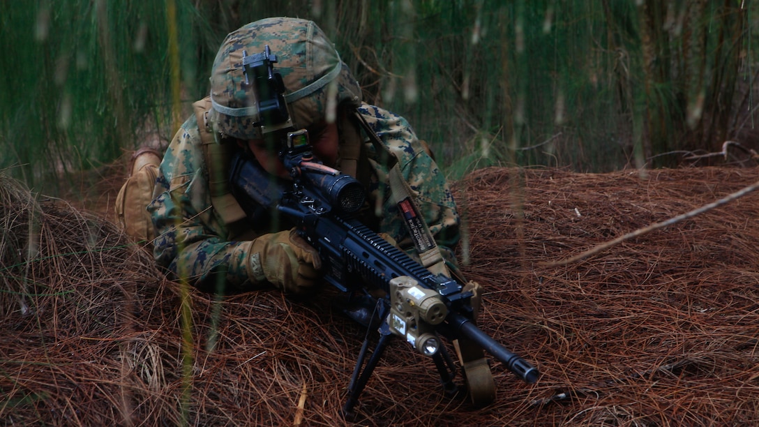 A Marine assigned to Lima Company, 3rd Battalion, 3rd Marine Regiment, 3rd Marine Division, conducts Exercise Bougainville 1-17.2 at Training Area Kahukus, Hawaii, June 14,  2017. Bougainville is an exercise conducted to enhance the battalion's lethality and effectiveness as a force in readiness. (U.S. Marine Corps photo by Cpl. Alex Kouns/Released)