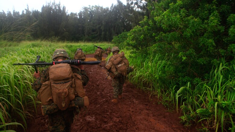 Marines assigned to Lima Company, 3rd Battalion, 3rd Marine Regiment, 3rd Marine Division, navigate harsh terrain during Exercise Bougainville 1-17.2 at Training Area Kahukus, Hawaii, June 14,  2017. Bougainville is an exercise conducted to enhance the battalion's lethality and effectiveness as a force in readiness. (U.S. Marine Corps Photo by Cpl. Alex Kouns/Released)