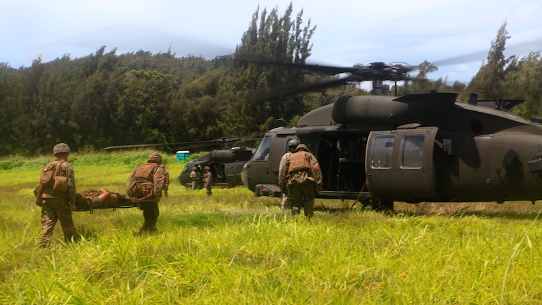 Marines with Lima Company, 3rd Battalion, 3rd Marine Regiment, 3rd Marine Division, transport a simulated casualty to a UH-60 Black Hawk helicopter assigned to the 25th Combat Aviaton Brigade during exercise Bougainville 1-17.2, at Training Area Kahukus, Hawaii, June 15,  2017. Bougainville is an Exercise conducted to enhance the battalion's lethality and effectiveness as a force in readiness. (U.S. Marine Corps Photo by Cpl. Alex Kouns/Released)