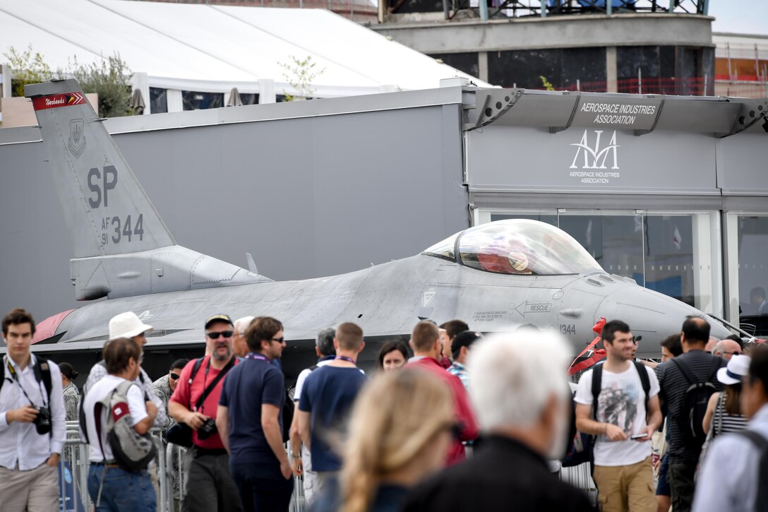 An F-16CJ Fighting Falcon from Spangdahlem Air Base, Germany, is displayed at Le Bourget Airport, France during the Paris Air Show, June 23, 2017. The Paris Air Show offers the U.S. a unique opportunity to showcase their leadership in aerospace technology to an international audience. By participating, the U.S. hopes to promote standardization and interoperability of equipment with their NATO allies and international partners. This year marks the 52nd Paris Air Show and the event features more than 100 aircraft from around the world. (U.S. Air Force photo/ Tech. Sgt. Ryan Crane)