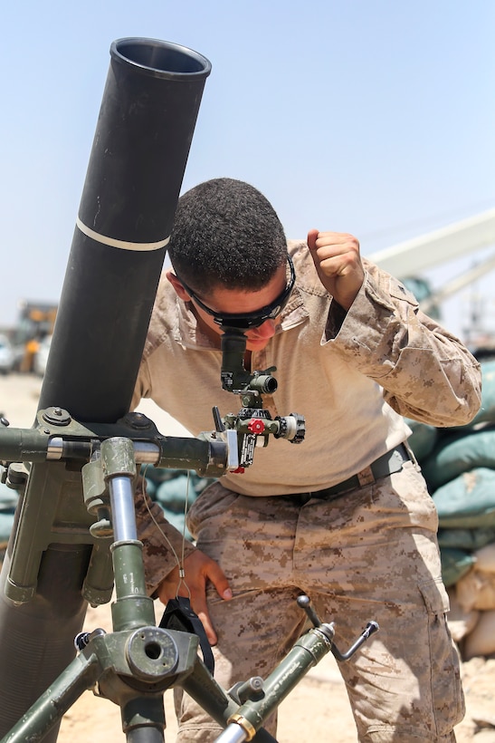 A Marine adjusts an M64A1 sight in preparation for a 120mm mortar system mission at Camp Shorab, Afghanistan, June 23, 2017. The Marines are assigned to Task Force Southwest, and conducted the training to adjust fire missions in order to register 120 mm mortar systems and sustain mortar gunnery skills. Marine Corps photo by Sgt. Lucas Hopkins