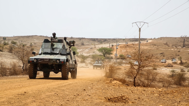 Armored vehicles with Senegal’s 5th Contingent in Mali and U.S. Marines with Special Purpose Marine Air-Ground Task Force – Crisis Response – Africa conduct convoy operations during a peacekeeping operations training mission at Thies, Senegal, June 6, 2017. Marines and Sailors with SPMAGTF-CR-AF served as instructors and designed the training to enhance the soldiers’ abilities to successfully deploy in support of United Nations peacekeeping missions in the continent. (U.S. Marine Corps photo by Sgt. Samuel Guerra/Released)
