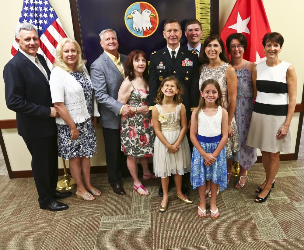 U.S. Army Reserve Maj. Gen. David Conboy stands with his family and retired Lt. Gen. John Johnson (Far left) and his wife prior to Conboy’s retirement ceremony at Fort Bragg, NC, June 23, 2017. The ceremony honored Conboy for his impact on not only the U.S. Army Reserve, but the nation and its allies as well.  (U.S. Army photo by Staff Sgt. Felix R. Fimbres)