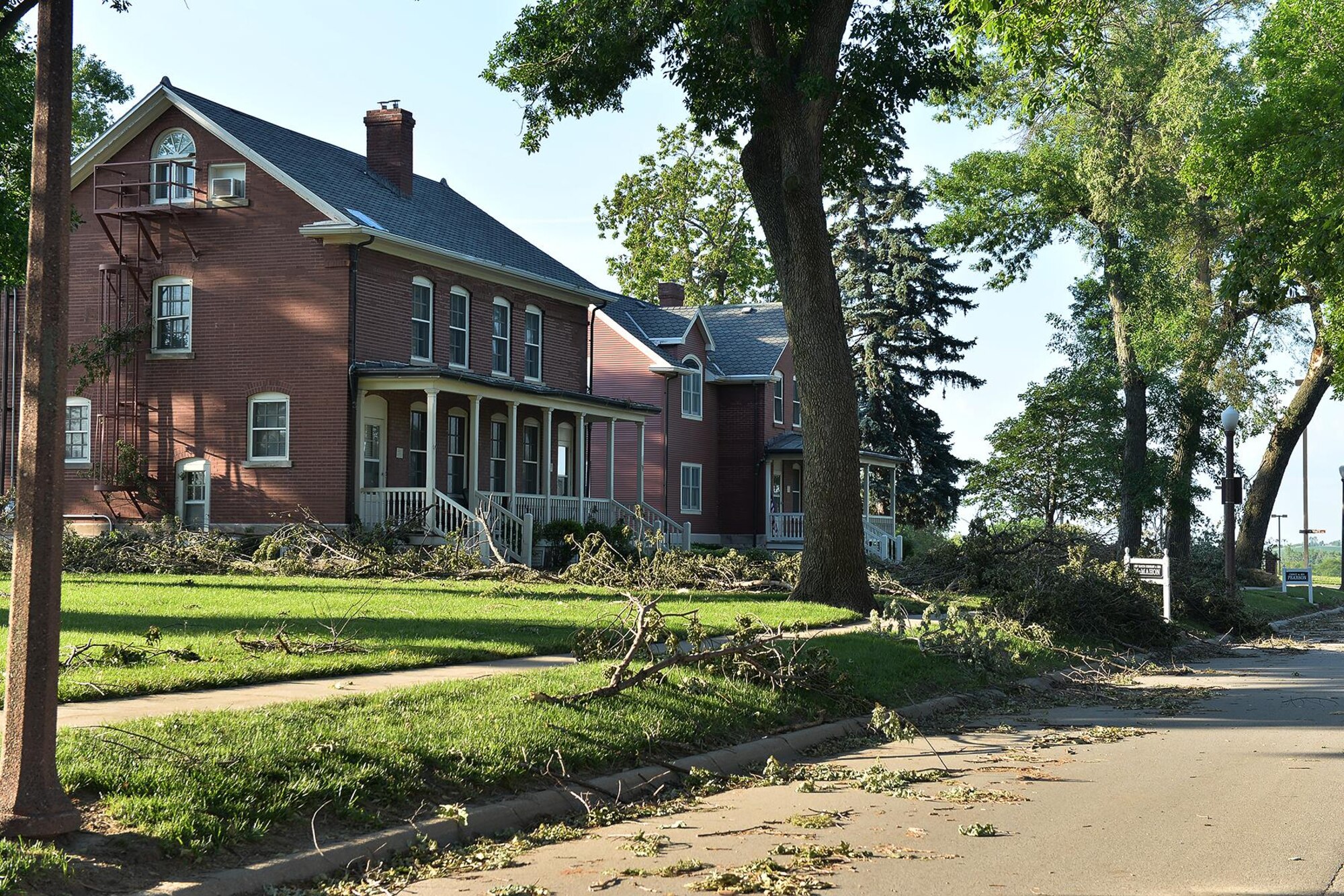 A fast moving storm with driving rain, high winds and two confirmed tornadoes caused significant damage to Offutt Air Force Base, Nebraska on June 16. Property damage occurred to various facilities, homes and some aircraft, but no base personnel were injured. The storm also damaged many trees and caused wide-spread power outages. Base officials estimate it could take months before the entire base is fully repaired. (U.S. Air Force photo by Charles Haymond)