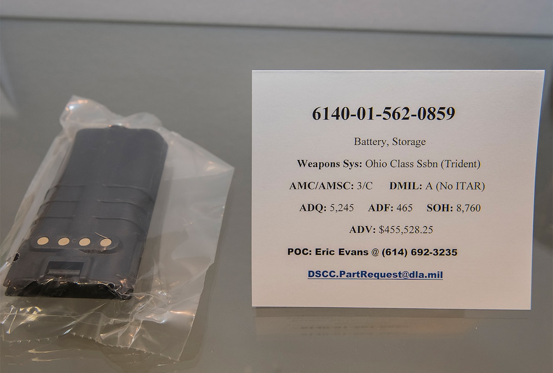 6140-01-562-0859  Battery, Storage
Weapons System: Ohio Class Ssbn (Trident)
AMC/AMSC: 3/C  -  DMIL: A (No ITAR)  -  ADQ: 5,245  -  ADF: 465  -  SOH: 8,760  -  ADV: $455,528.25
dscc.partrequest@dla.mil