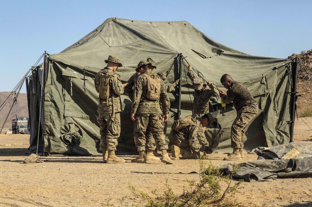 Marines setup the forward battalion aid station during Integrated Training Exercise 4-17 at Twentynine Palms, Calif., June 21, 2017. Marine Corps photo by Pfc. Melany Vasquez