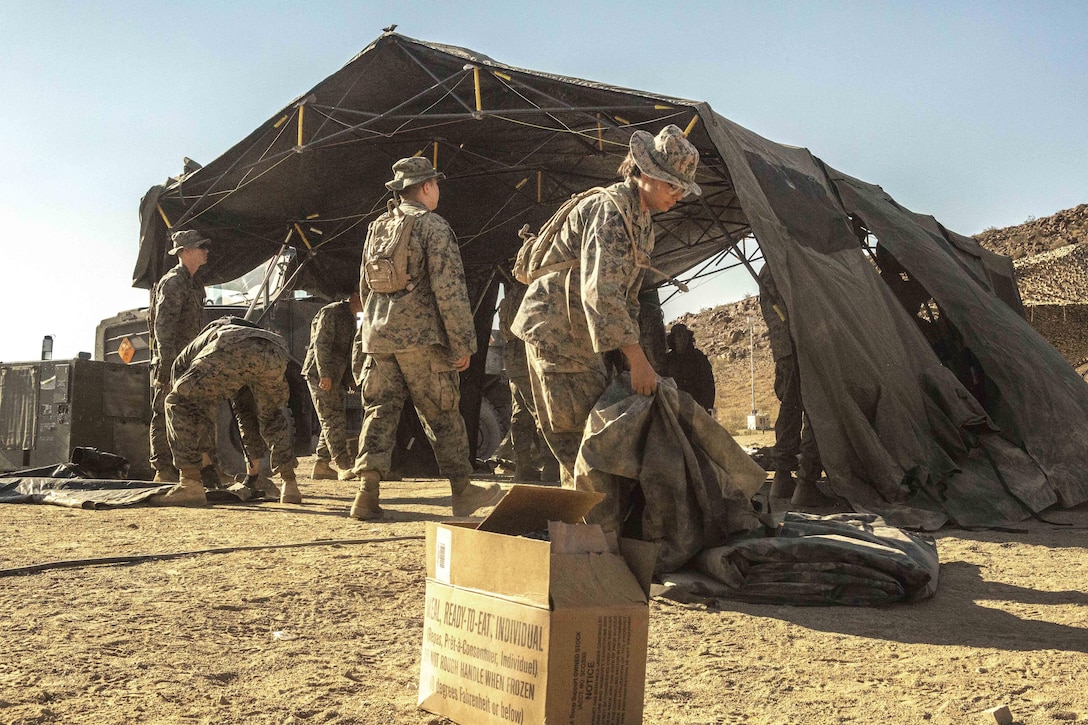 Marines take down the forward battalion aid station during Integrated Training Exercise 4-17 at Twentynine Palms, Calif., June 21, 2017. Marine Corps photo by Pfc. Melany Vasquez