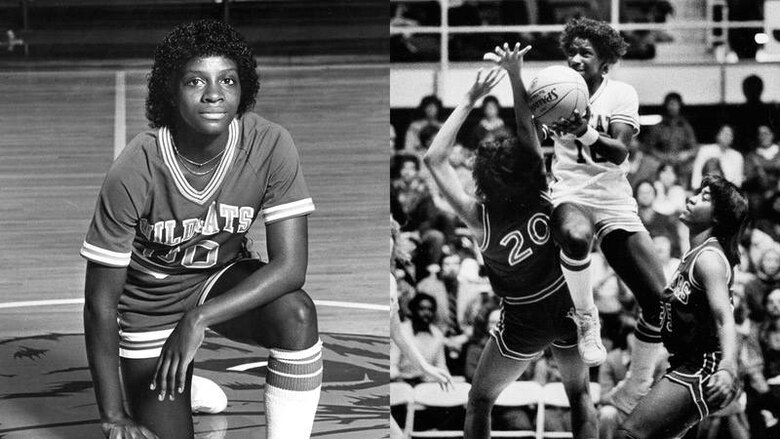 (Left) Sweeney's team portrait. (Right) Priscilla Gary Sweeney using her 40-inch vertical leap to score two of her 1,169 career points.
