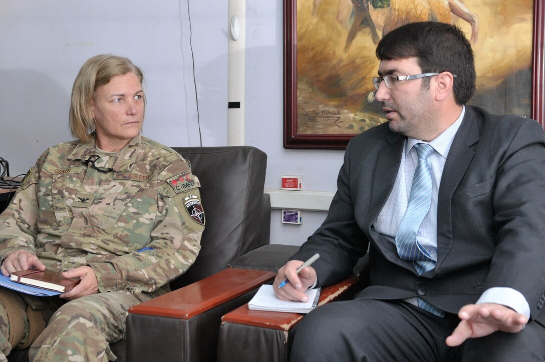 KABUL, Afghanistan – Combined Security Transition Command – Afghanistan’s (CSTC-A) Chief of Combined Joint Medical Branch, U.S. Air Force Col. Jody Ocker (left) and Dr. Noor Shah Kamawal (right), National Medicine and Healthcare products Regulatory Authority (NMHRA) Executive Director discussed drug safety in Afghanistan during an advising meeting. (DoD Photo by Sgt. 1st Class E.L. Craig)