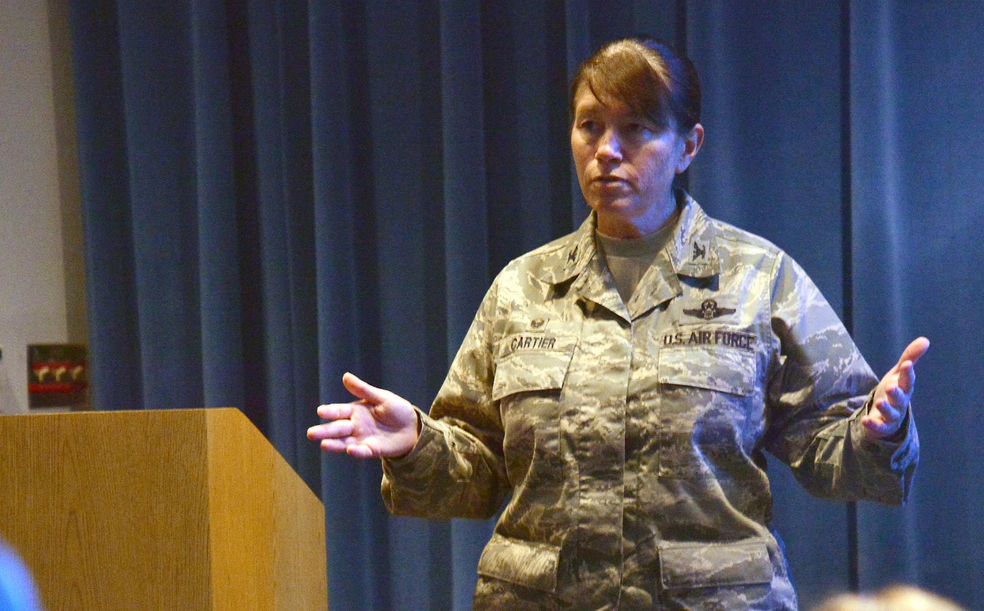 Colonel Brenda Cartier, 58th Special Operations Wing commander, speaks at a special "Pride" themed Kirtland Talks in celebration of LGBT month June 21.