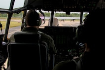 U.S. Air Force Reserve Maj. Peter Hughes, pilot, 327th Airlift Squadron, taxis a C-130J Super Hercules to the runway June 15, 2017, at Little Rock Air Force Base, Ark. The aircraft was part of a group of three that flew the 913th Airlift Group’s first “3-ship” sortie manned entirely by Reserve Airmen. (U.S. Air Force photo by Master Sgt. Jeff Walston/Released)
