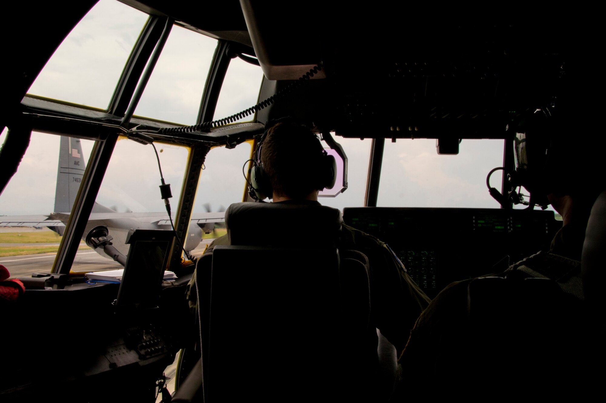 U.S. Air Force Reserve Maj. Peter Hughes, pilot, 327th Airlift Squadron, maneuvers a C-130J Super Hercules into position for a 3-ship takeoff June 15, 2017, at Little Rock Air Force Base, Ark. The sortie marked the 913th Airlift Group’s first 3-ship sortie manned entirely by Reserve Airmen. (U.S. Air Force photo by Master Sgt. Jeff Walston/Released)
