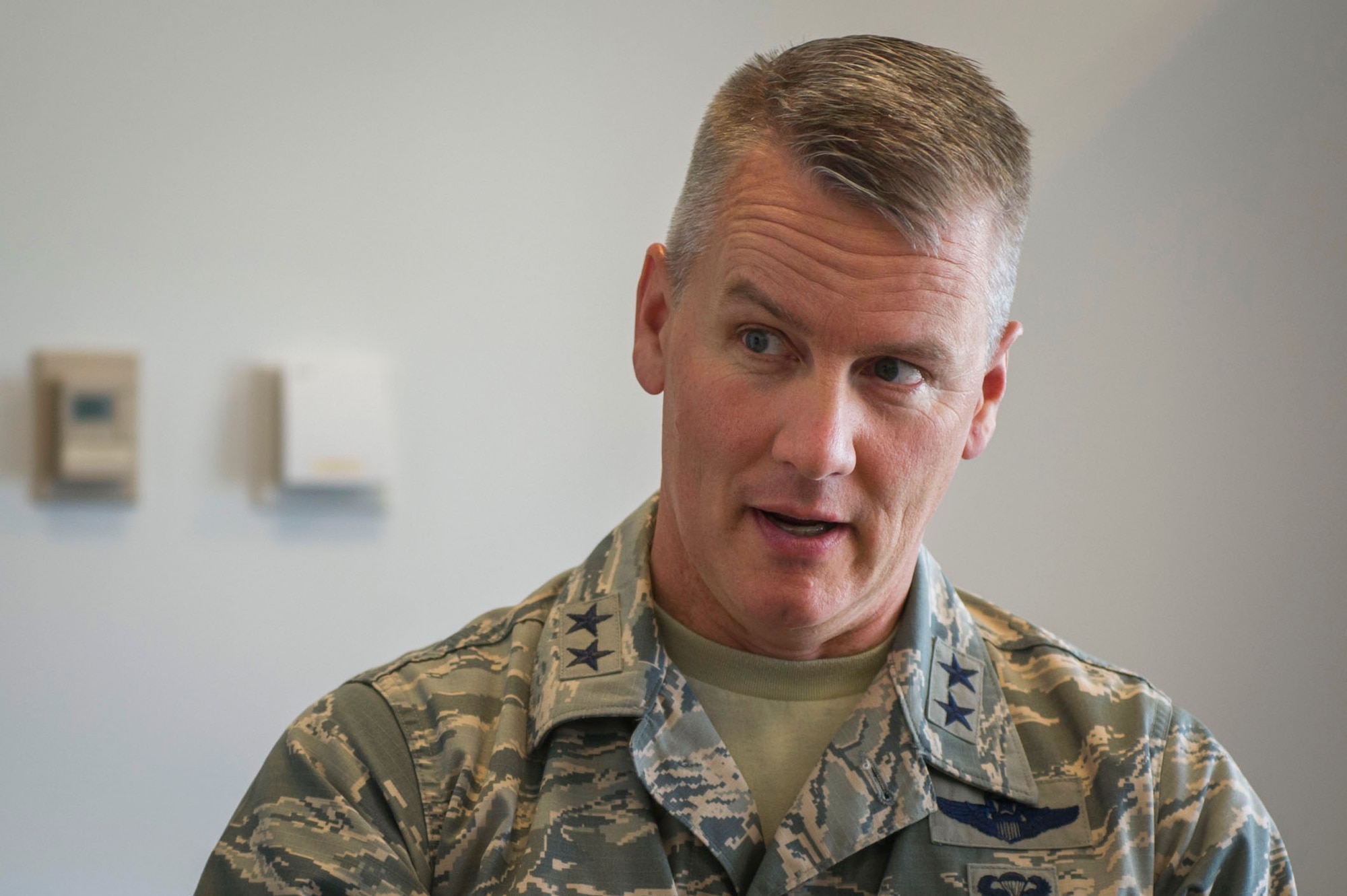 Maj. Gen. James A. Jacobson, commander, Air Force District of Washington, answers questions about his vision for AFDW, June 23, 2017, after taking command of the unit.