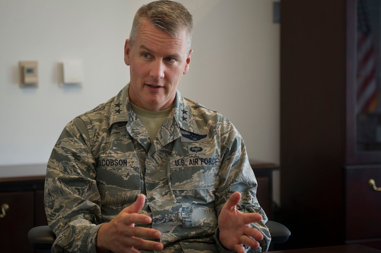 Maj. Gen. James A. Jacobson, commander, Air Force District of Washington, answers questions about his vision for AFDW, June 23, 2017, after taking command of the unit.