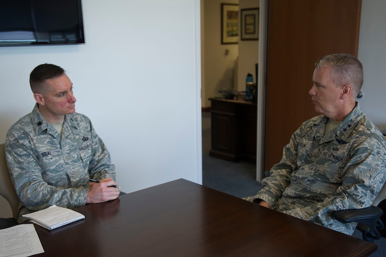 Maj. Gen. James A. Jacobson, commander, Air Force District of Washington, answers questions about his vision for AFDW, June 23, 2017, after taking command of the unit.