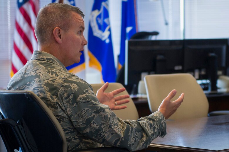 Maj. Gen. James A. Jacobson, commander, Air Force District of Washington, answers questions about his vision for AFDW, June 23, 2017, after taking command of the unit.