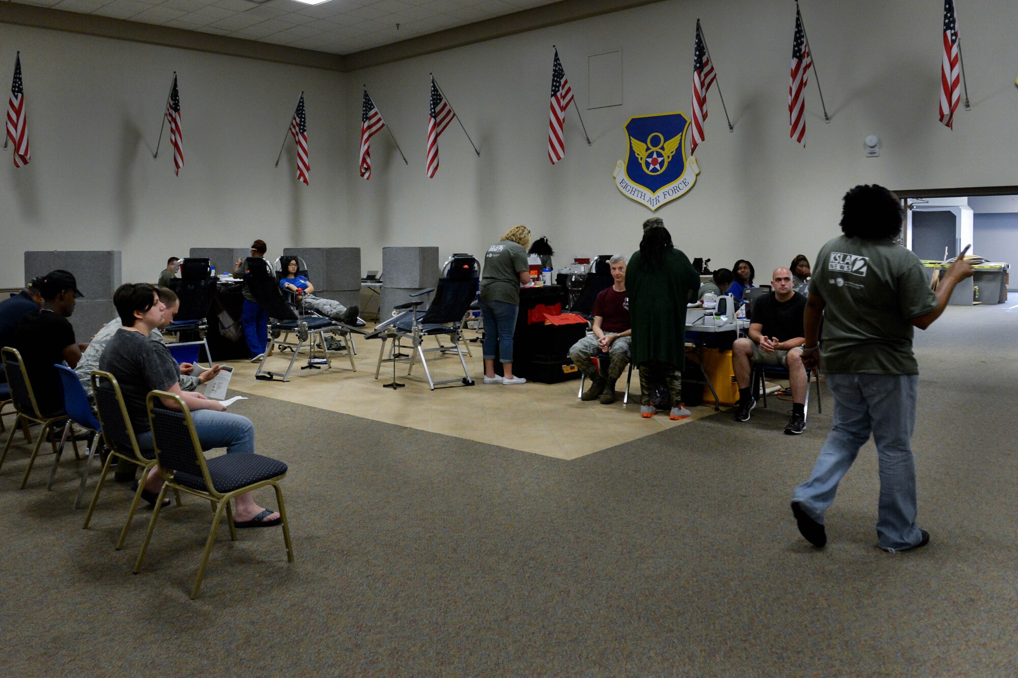 Team Barksdale members wait to donate blood at the 2017 LifeShare Blood Drive at Hoban Hall on Barksdale Air Force Base, La., June 16, 2017. More than 50 donors participated, giving at least a pint of blood each. (U.S. Air Force Photo/Airman 1st Class Sydney Bennett)