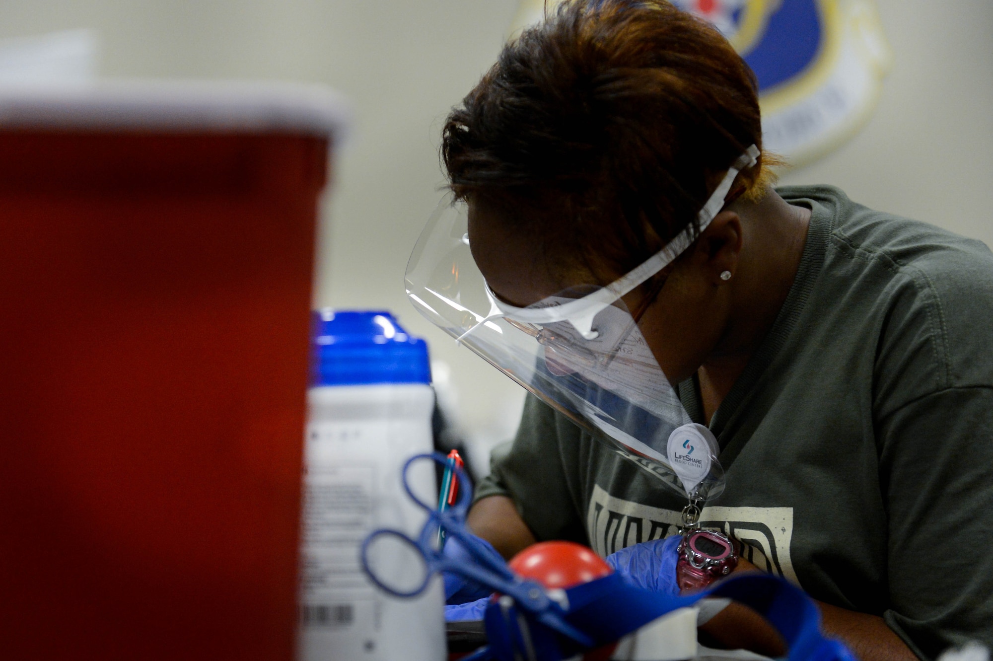 A LifeShare technician fills out paperwork at the 2017 LifeShare Blood Drive at Barksdale Air Force Base, La., June 16, 2017. One pint of donated blood can help up to three people. (U.S. Air Force Photo/Airman 1st Class Sydney Bennett)