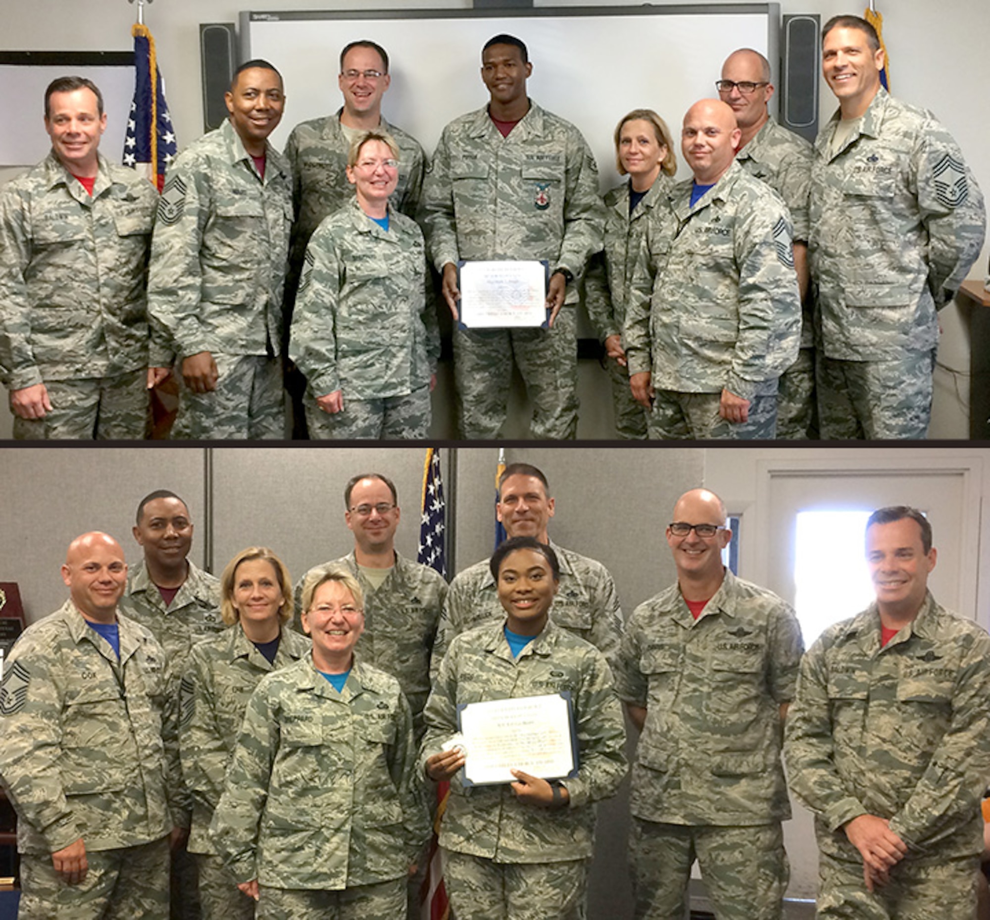 June’s Chief’s Choice Award presentation by the Tinker Chief’s Group recognizes two of Tinker’s finest: Staff Sgt. Mark Pough of the 349th Recruiting Squadron, and Airman 1st Class Crystal Byers, with the 72nd Force Support Squadron.