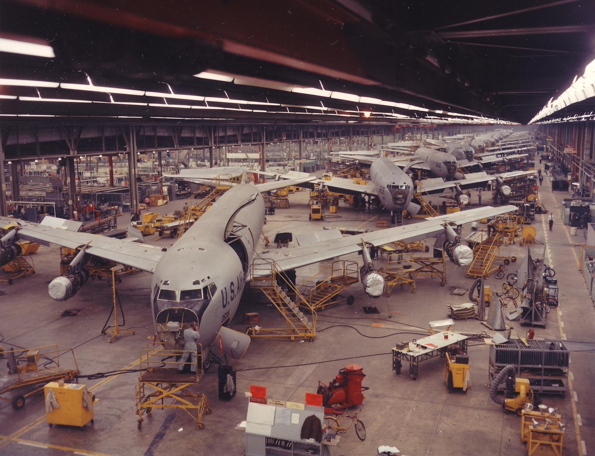 KC-135s line the Bldg. 3001 shop floor in the 1960s. (Photo courtesy of the Tinker History Office)