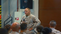 Commandant of the Marine Corps, Gen. Robert B. Neller speaks to the Marines and Sailors with Naval Amphibious Forces, Task Force 51/5th Marine Expeditionary Brigade (TF 51/5) during a town-hall meeting aboard Naval Support Activity Bahrain, June 21. During the town-hall, Neller discussed updated social media guidance, his expectation that Marines will treat each other with dignity and respect, as well as, the importance of naval integration. 