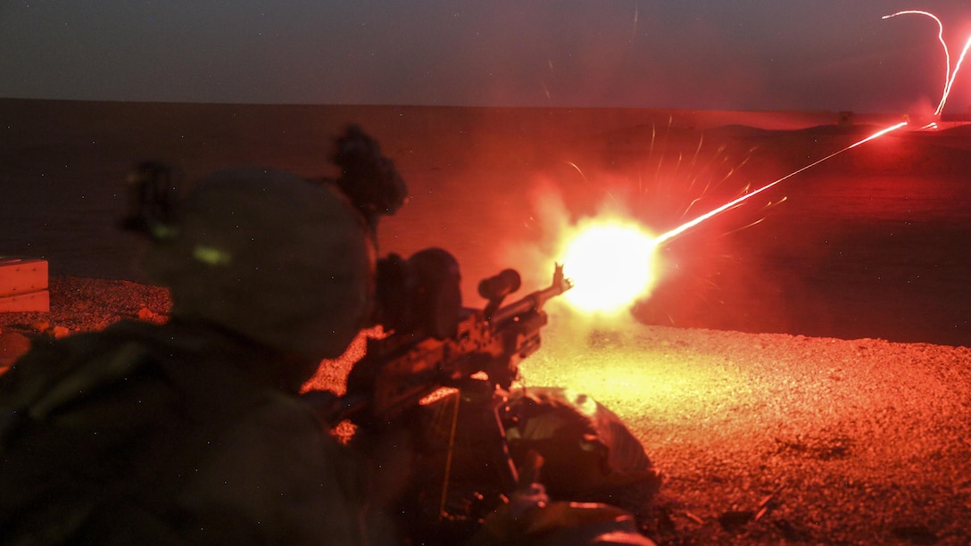 A Marine fires a tracer round from an M240L machine gun during a night live-fire range at Camp Shorabak, Afghanistan, June 25, 2017. The Marine is assigned to Task Force Southwest, which works to train, advise and assist the Afghan army and national police. Marine Corps photo by Sgt. Lucas Hopkins

